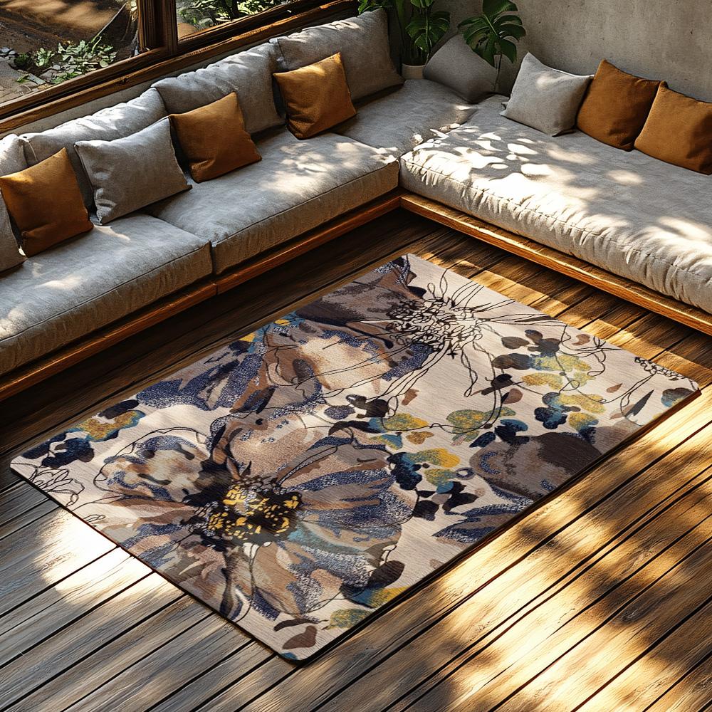 Cream White Floral Bohemian Rug, Purple Blue Flower Pattern Non-Slip Carpet, Artistic Living Room Mat for Vintage Home Decor