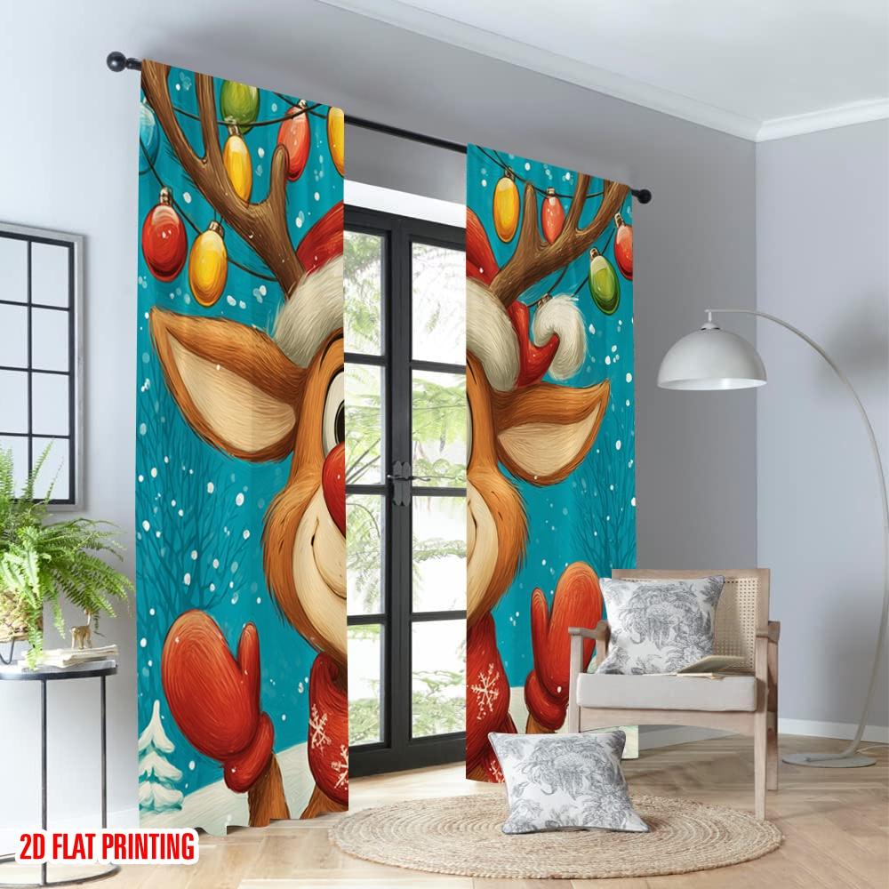 2pcs 2D flat printing Happy Christmas Scene Curtains Christmas Reindeer Cartoon Holiday Joy Digital Printed Polyester Drapes