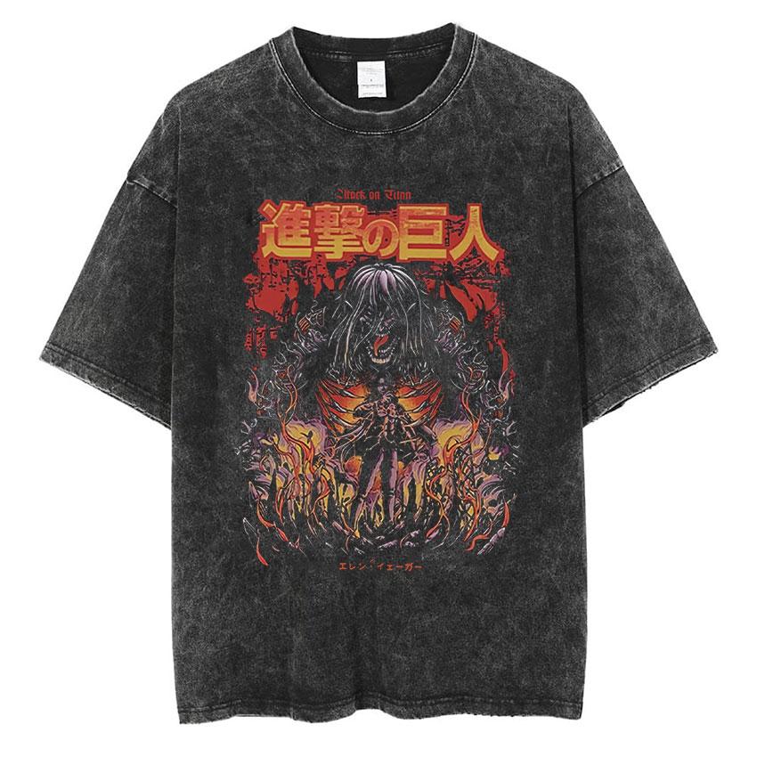 Anime Attack on Titan Vintage Washed Print T-shirt Mikasa Ackerman Eren Jaeger Wings of Freedom Logo Mens Summer Cotton T-shirts