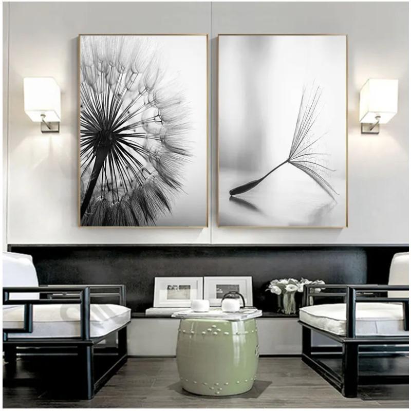 Fiore di tarassaco dipinto su tela quadri moderni in bianco e nero per la decorazione domestica soggiorno poster da parete astratto senza cornice