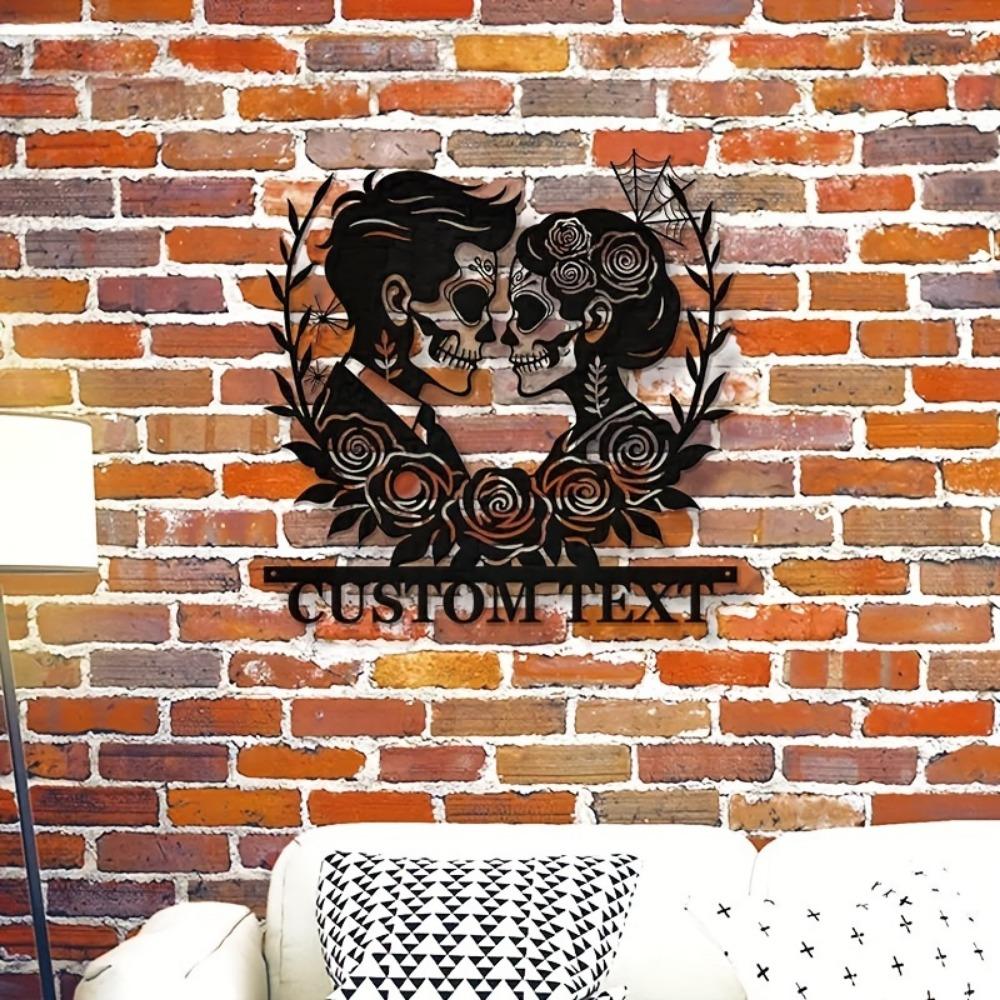 Bohemian Couple Skull Metal Wall Art Gothic Home Decor Soulmates Sculpture Halloween Day of Dead