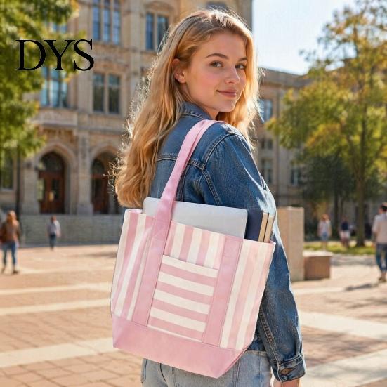 Reinforced Shoulder Strap Bag Striped Canvas Tote Bag, Stylish Reusable Grocery with Lightweight Front Pocket, for Shopping Picnic Commuting