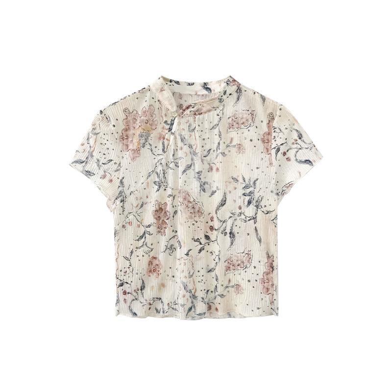 

Летний женский топ в китайском стиле с цветочным принтом, застежкой-лягушкой, рукавами-колпачками и воротником-стойкой Small абрикосовый