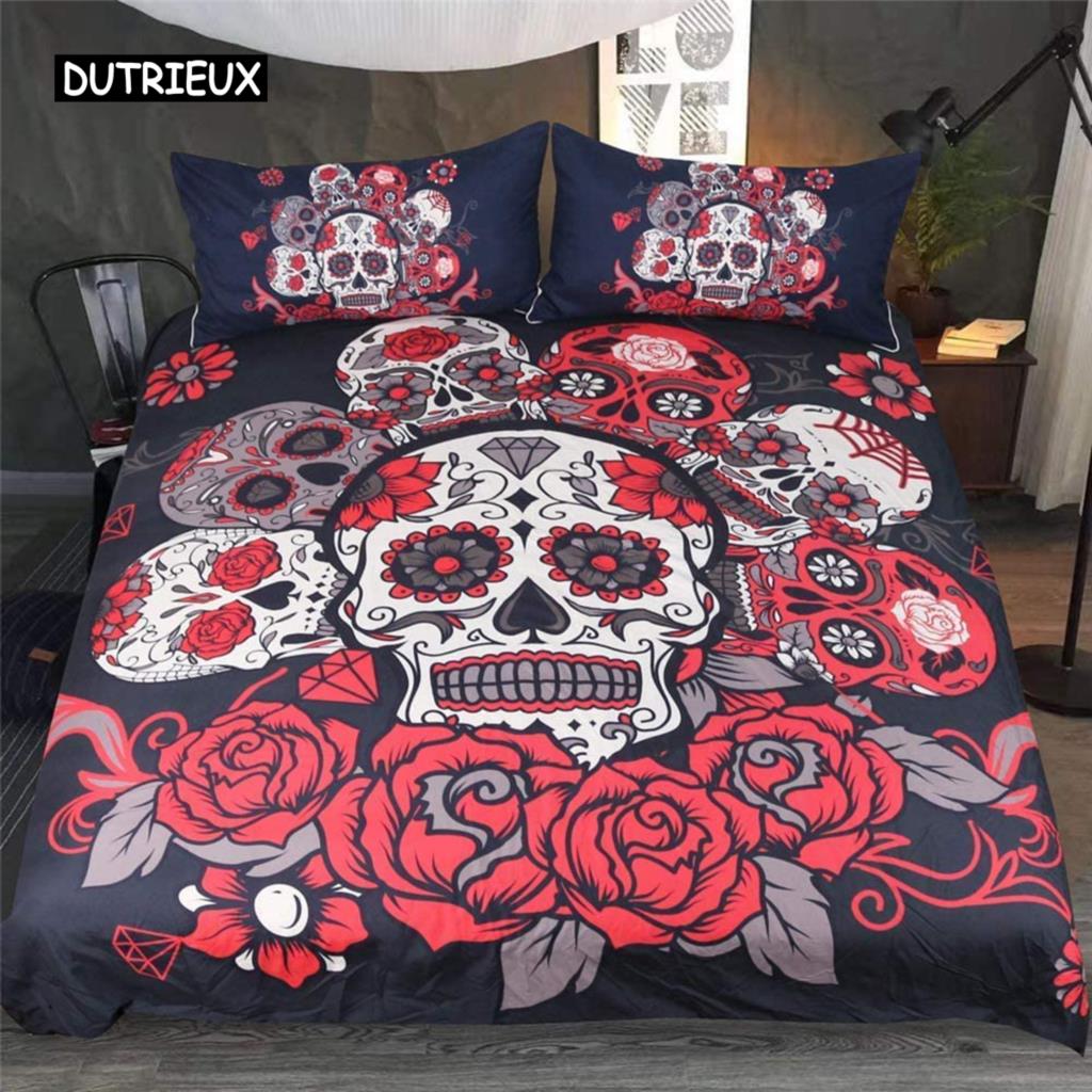 Sugar Skull Duvet Cover Set 3D Printed Gothic Bedding Soft Comforter with Zipper 2 Pillow Shams