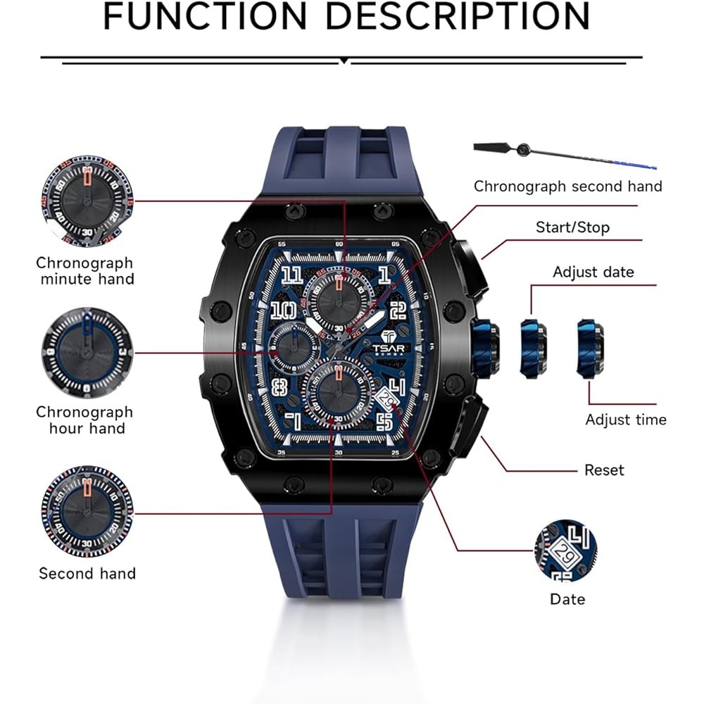 Tsar Bomba Men's Classic Tonneau Face Watch 50M Waterproof Sapphire Crystal Silicone Strap Blue 16.8mm Case Thickness