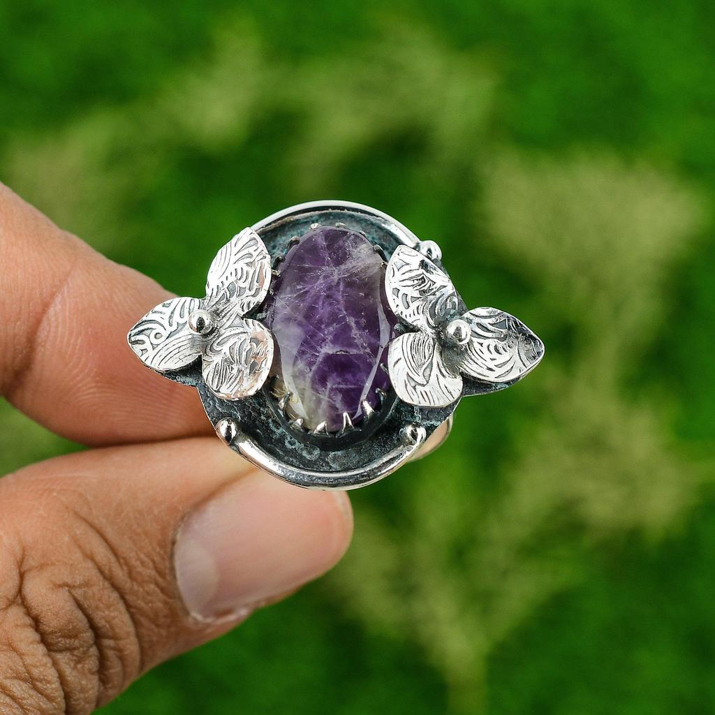 Natural Chevron Amethyst Multi Stone Flower Ring Size 10.25 925 Silver
