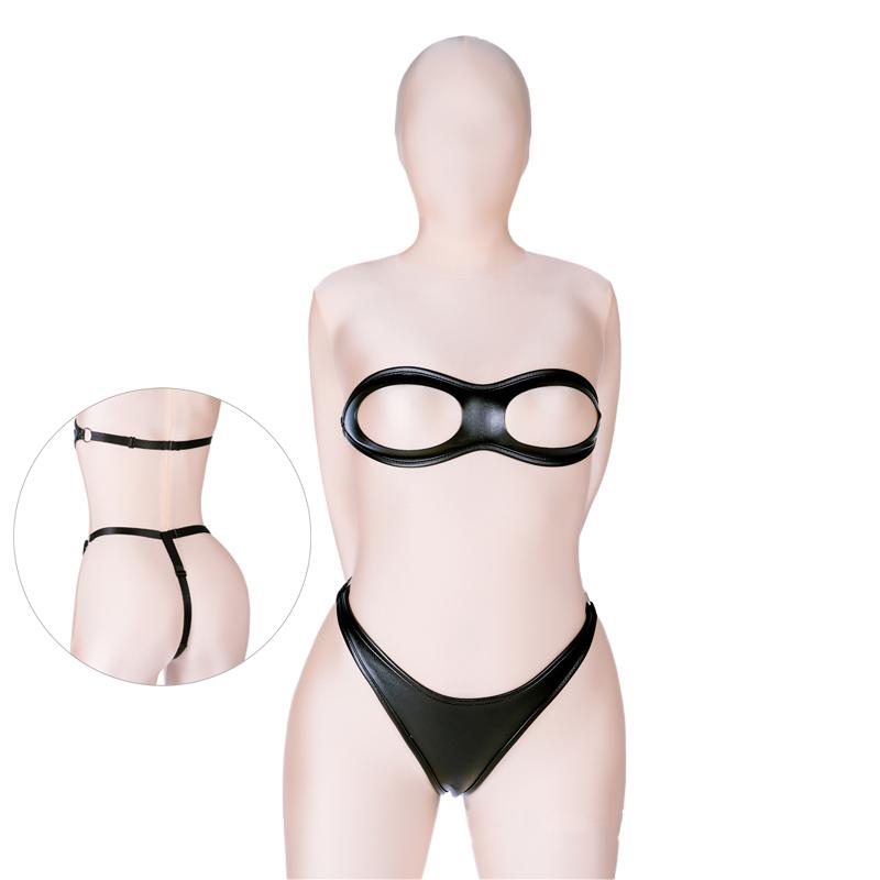Sexy Temptation Lingerie Open Cup Bustier Set s koženým bondage oblečením pro fetiš BDSM Bundle pro dospělé sexuální hračky