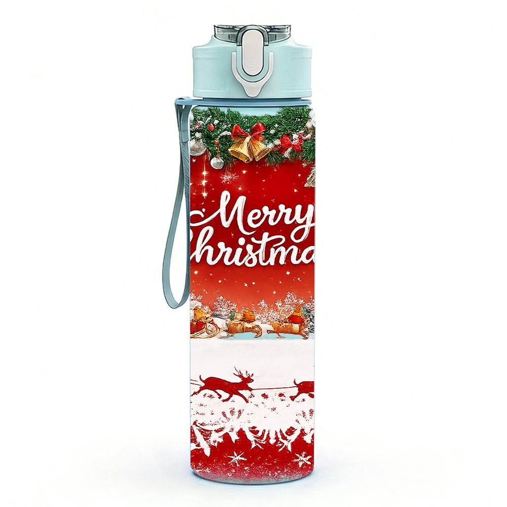 1PC Merry Christmas Red Festive Print 750ml Color Plastic Sports Water Bottle Leakproof Flip Straw Lid Suitable for Sports Office Home Use