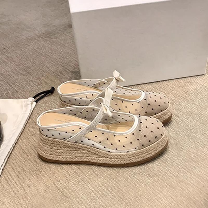 Sheepskin Version~ Polka Dot Bow Mesh Straw Woven Sandals Women's Summer Mesh Thick-soled Half-slippers Wedge Heel High-heeled Sandals