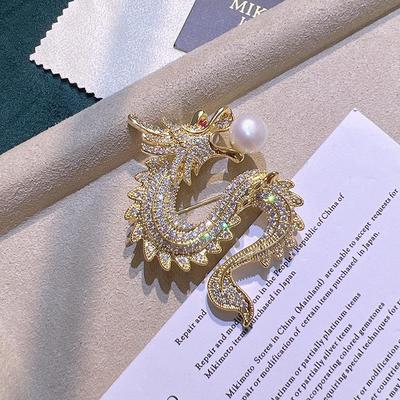 Chinesisches Tierkreiszeichen Drache Brosche - Vergoldet, Zirkon & Perle Korsagen-Nadel