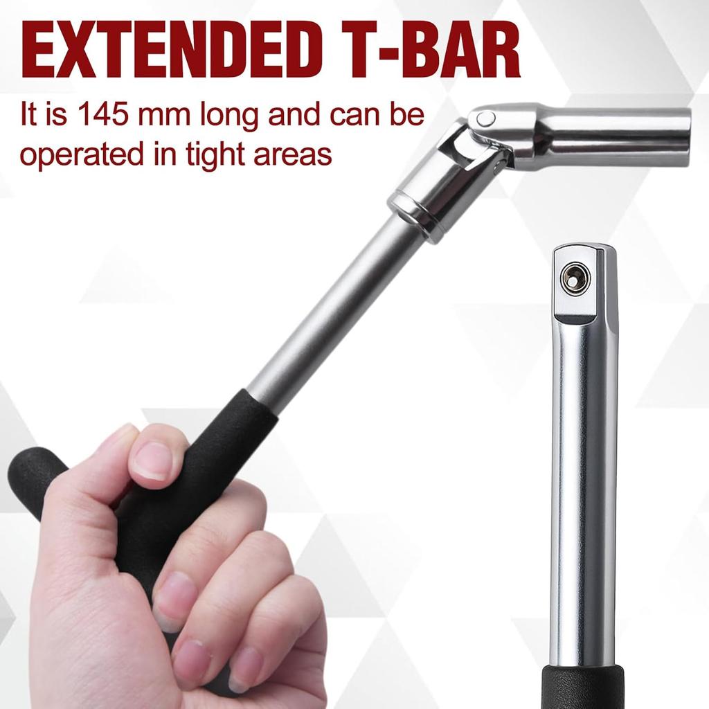 4 PCS Glow Plug Removal Tool with 3/8" Drive T-Bar, 8mm 10mm 12mm Universal Joint Swivel Glow Plug Socket Set Glow Plug Wrench Extractor Kit for