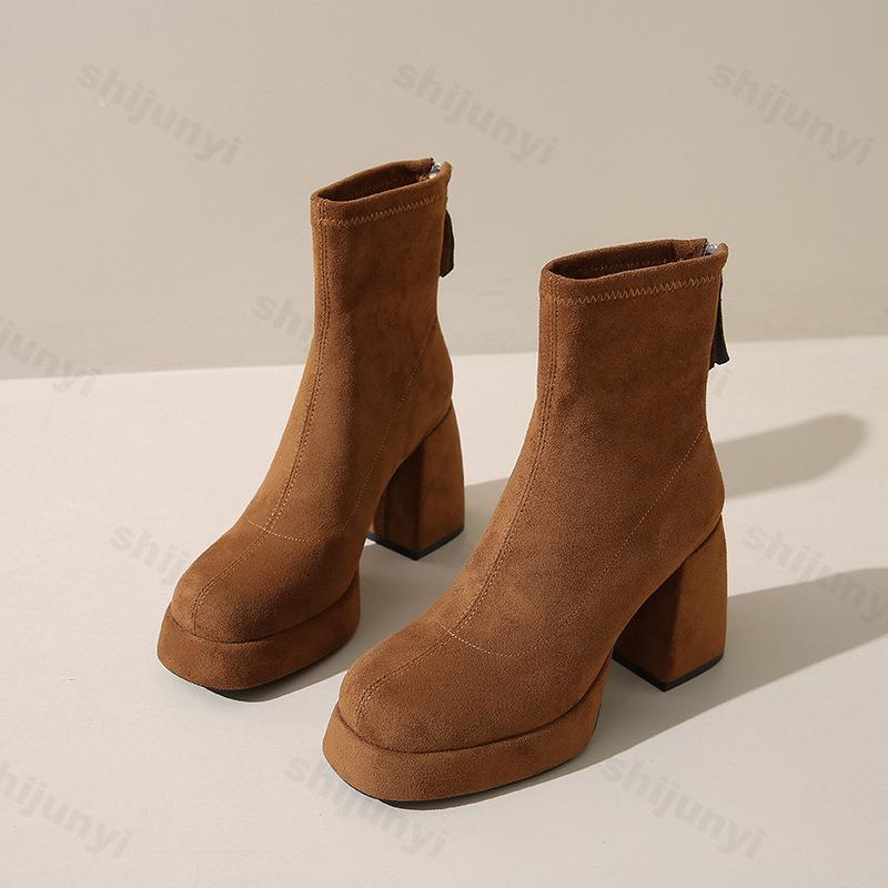 Fashion Women's Fashion Retro Suede Thick Soled High-heeled Boots 2025 Autumn New Back Zipper Design Comfortable Square Head Ankle Boots