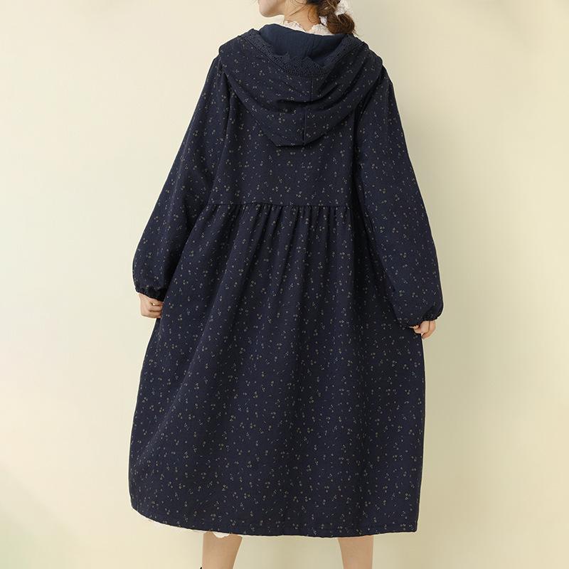 Herbst/Winter Floral Mori Stil Kapuzen Baumwolle Leinen Kleid Mantel für Damen