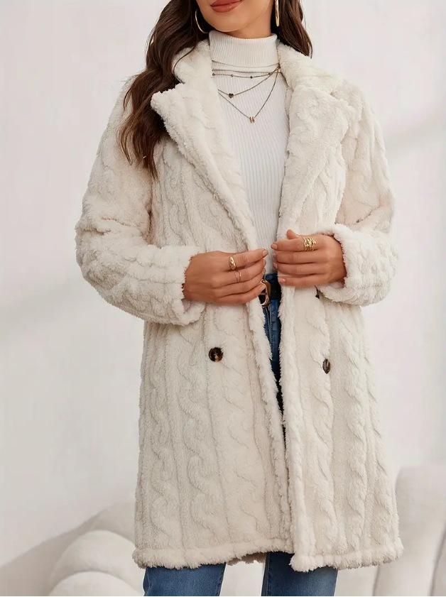Women's Plush Double-Breasted Mid-Length Coat - Comfortable, Casual, Warm Suit Collar.