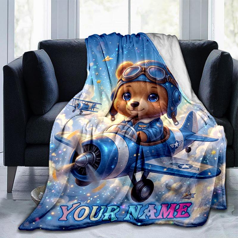 1PC Custom Name Bear Pilot Adventure Sky Blanket Versatile,all-season Throw Suitable for the Living Room,bedroom,camping,travel,and Gift