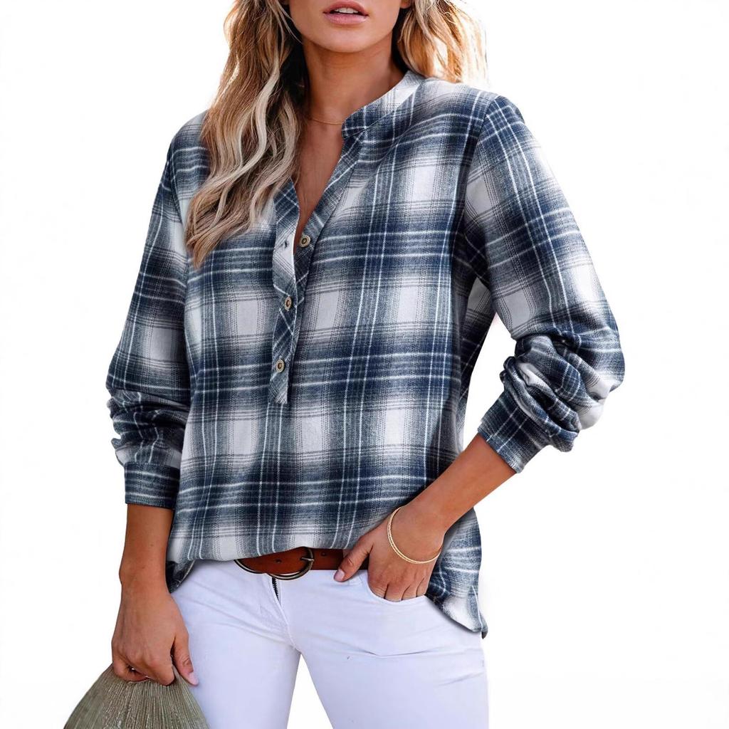 Women V Neck Plaid Print Long Sleeve Blouse Casual Button Down Loose Fit Front Tie Detail Shirt
