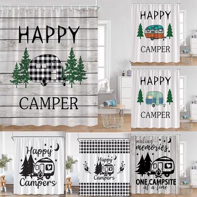 Camper Shower Curtain Happy Camper Trailer Car Rv Forest Mountain Tent Camping Bathroom Shower Curtain Waterproof Bath Curtain