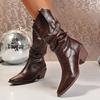 Vintage Pointed Toe Western Boots Women  Autumn Pleat High Heels Mid Calf Boots Woman Plus Size 42 Pu Leather Cowgirl Botas
