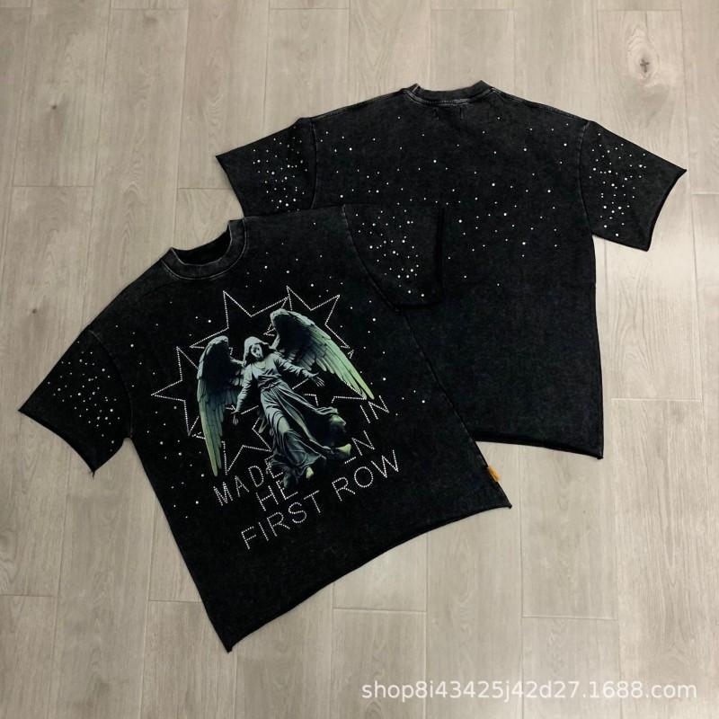 Unisex Oversized Box Fit Cotton Tee With Embroidered Rhinestone Washed Print Round Neck Short Sleeve Casual Top