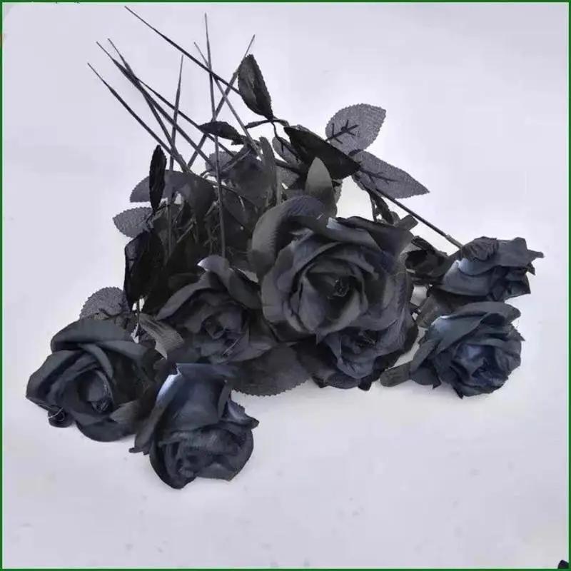 10pcs/Set Artificial Black Single Rose Bouquet Halloween Ghost Festival Horror Gothic Style Dark Series Decorative FakeFlowers