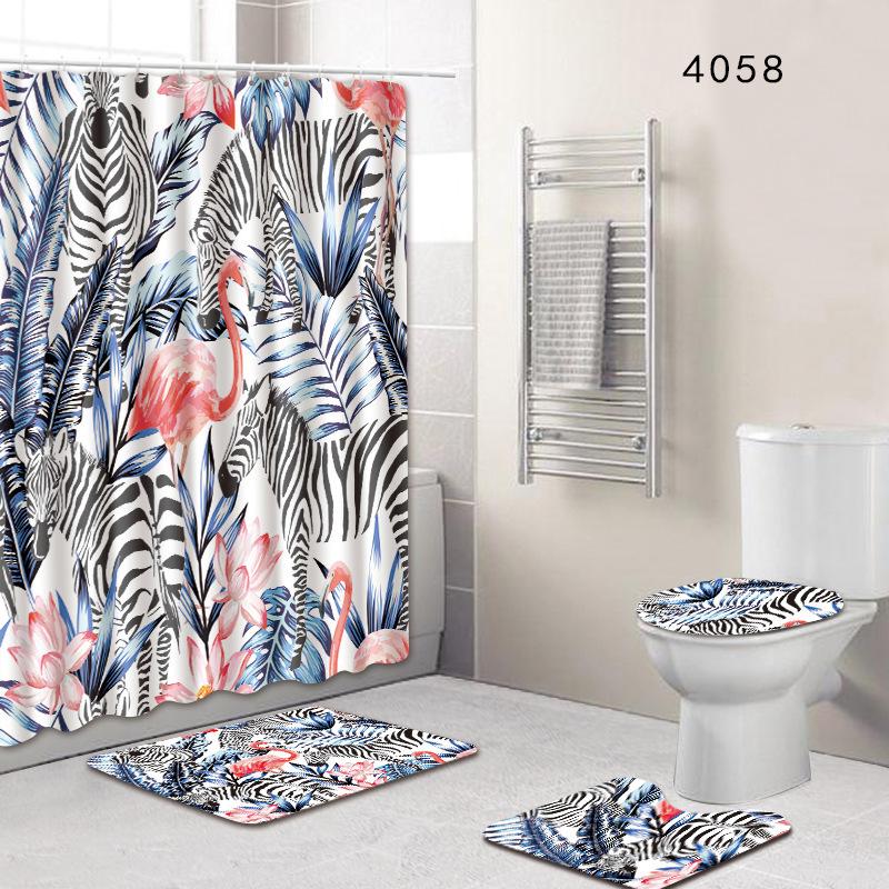 Flamingo Bathroom Shower Curtain Floor Mat Toilet Cover Foot Mat Four-Piece Pattern Size