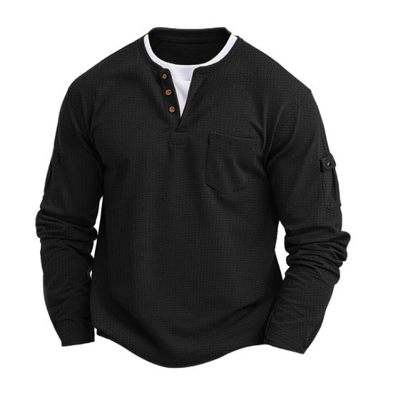 

Men Fake Layered Shirt Long Sleeve Fake Two-Piece Waffle Shirt with Pockets Casual Loose Fit Textured Pullover for Sports Travel Office Street M чорний