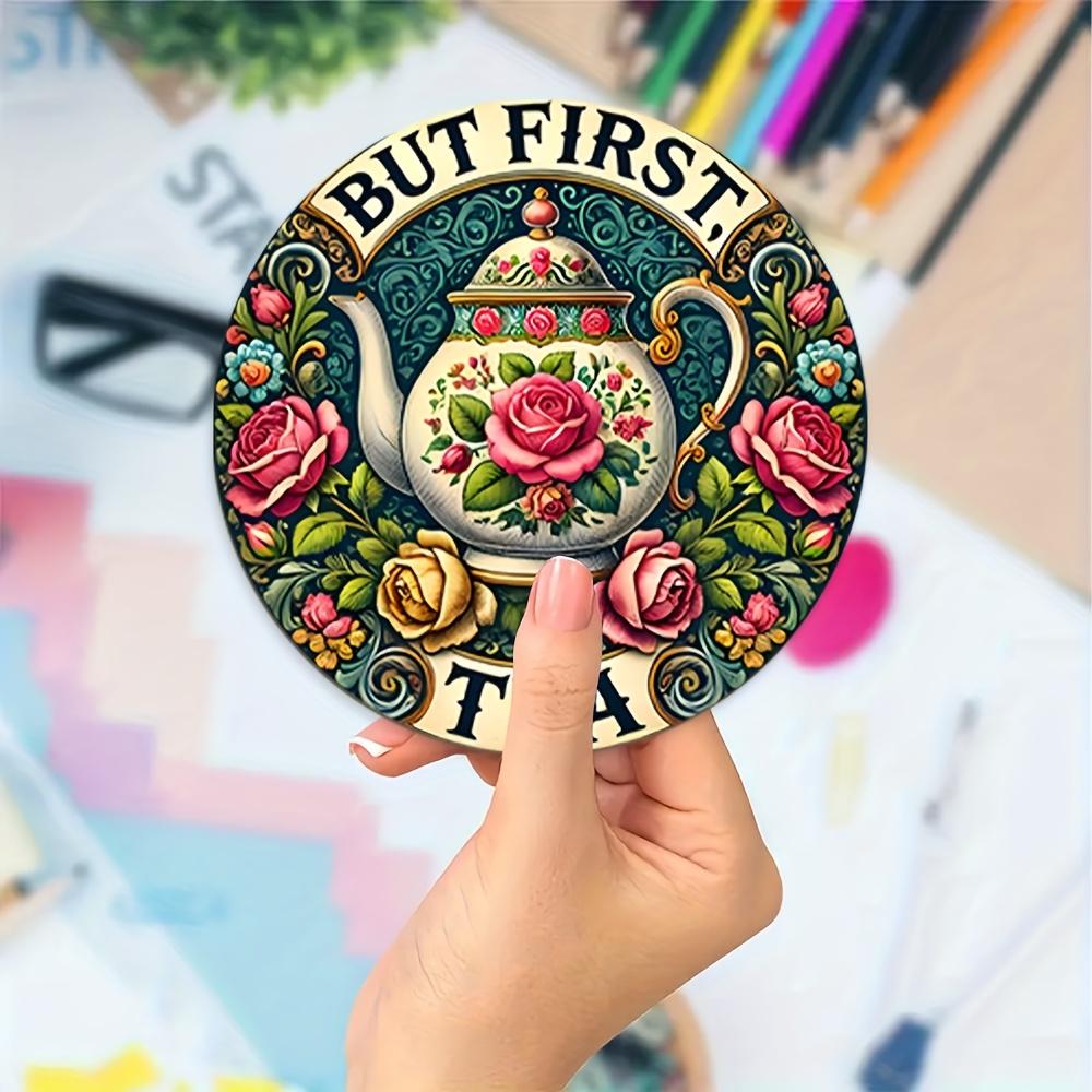 6 PCS 2D Wooden Mugs Colorful Flower Teapot Patterns Theme Desktop Insulation Mats Home Decor Coffee Cup Coasters Office