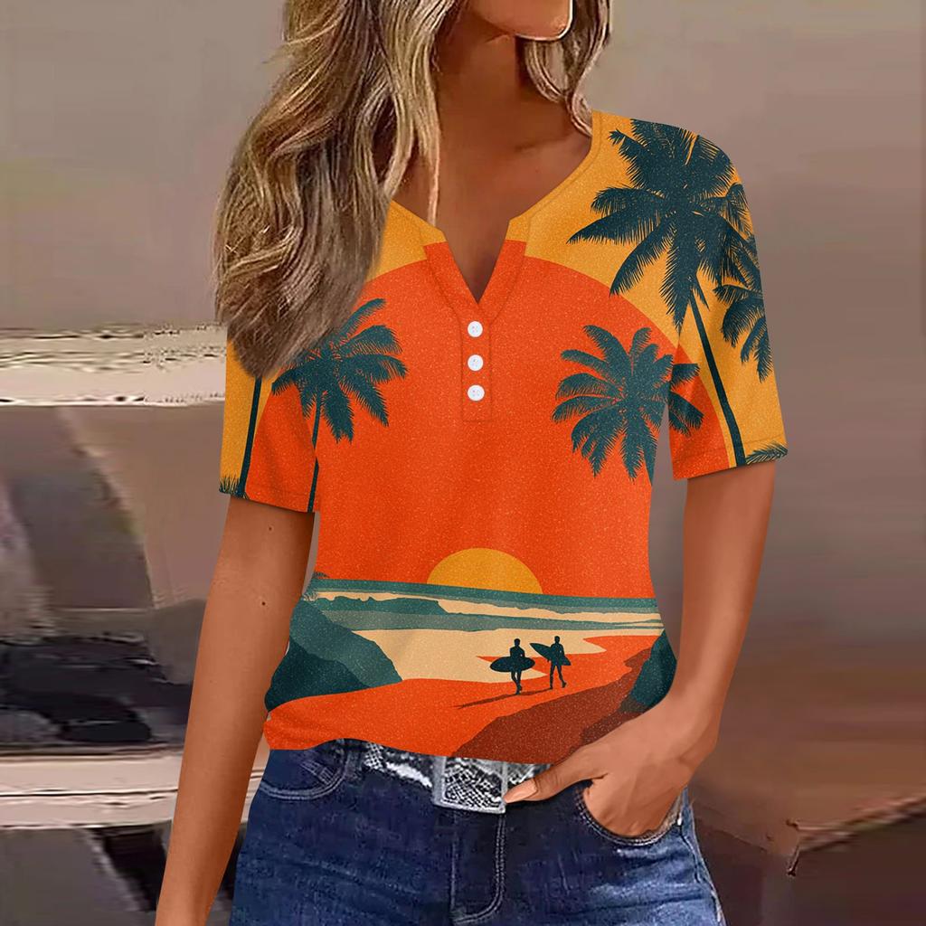 Women's fashionable casual Hawaiian print V-neck short-sleeved button-down T-shirt top