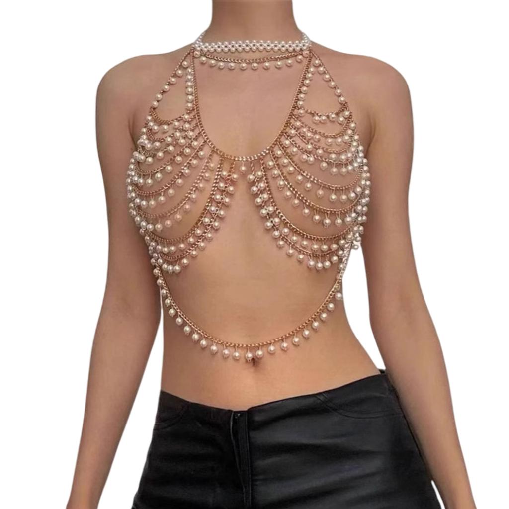 Women's Multi Layer Pearls Beaded Halter Neck Bra Chain Crop Top Hollowed Body Jewelry Camisole Chest Chain for Festival