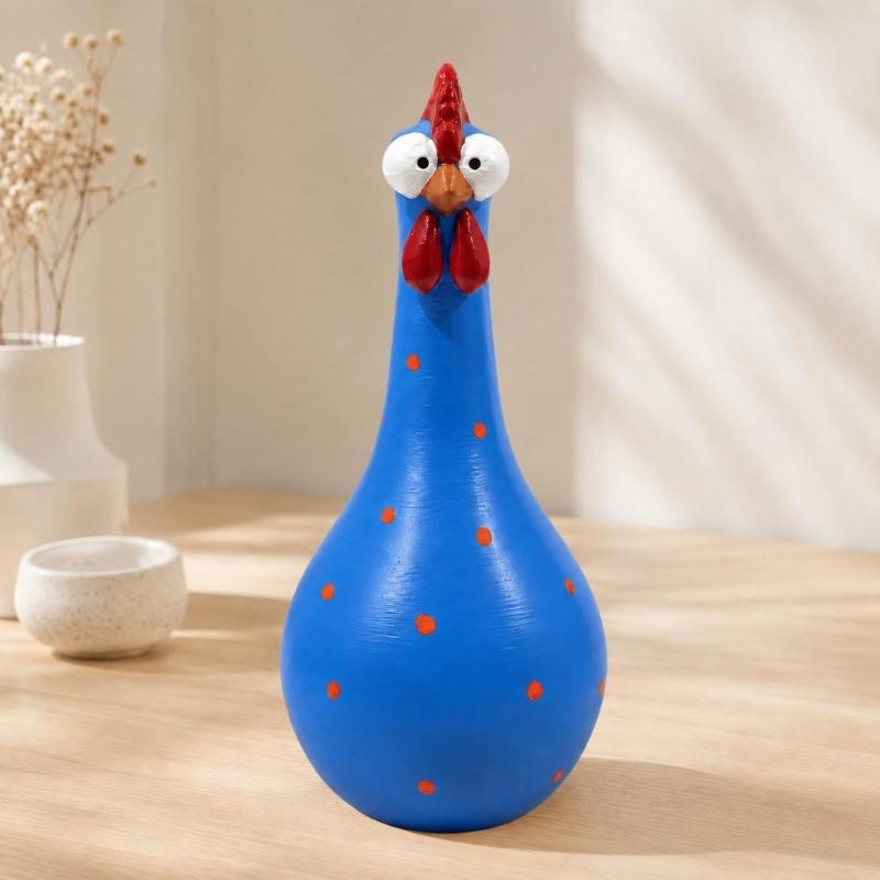 Chicken Flower Vessel with Rounded Body, Contrasting Dot Pattern, and Long Neck for Faux Florals, Office Desks, and Studies
