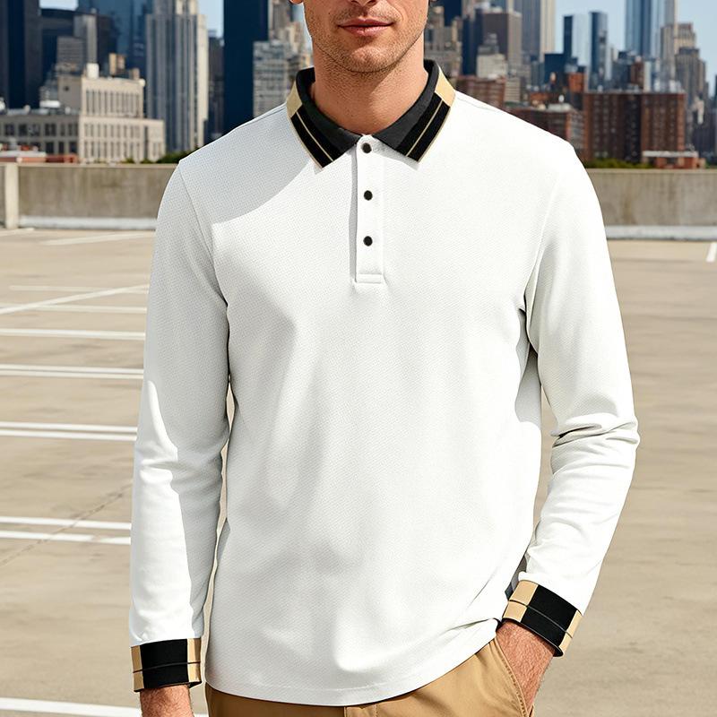 

Новая весенне-осенняя свободная мужская повседневная однотонная жаккардовая рубашка поло с длинным рукавом S белый