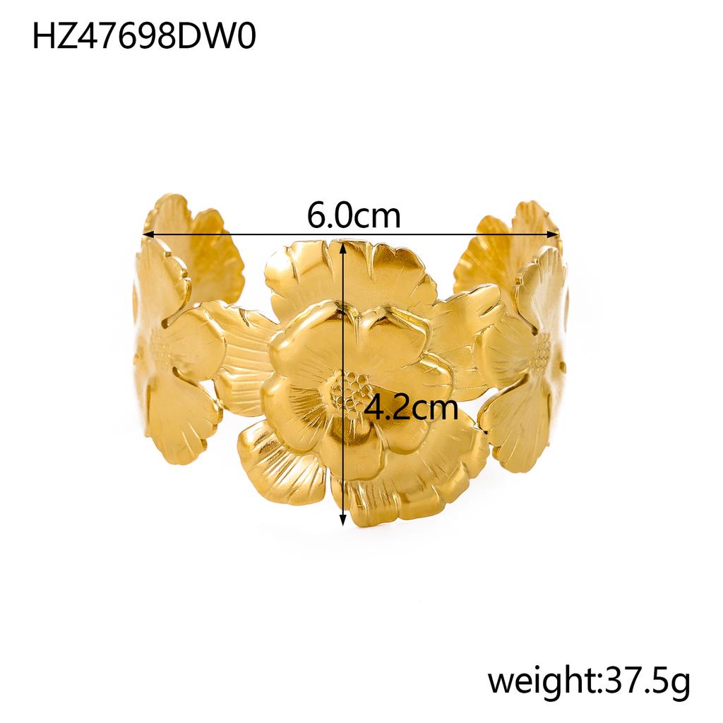 CARLIDANA Exaggerated Big Flower Personalized Hollow Out Leaf Open Wide Bangle Stainless Steel Non Tarnish Cuff Bracelet Women