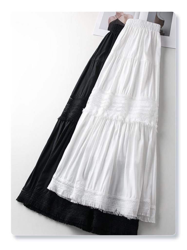 Women's High Waist Black Lace A-Line Midi Skirt - Spring/Summer 2025 Slimming Puffy Cake Swing