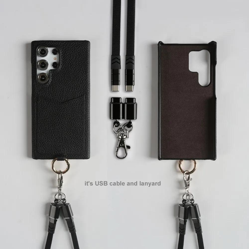 USB Charging Cable Lanyard Genuine Leather Case for Samsung Galaxy S25 Ultra S24 S23 S21FE S22 Note20 Crossbody Strap Card Slot