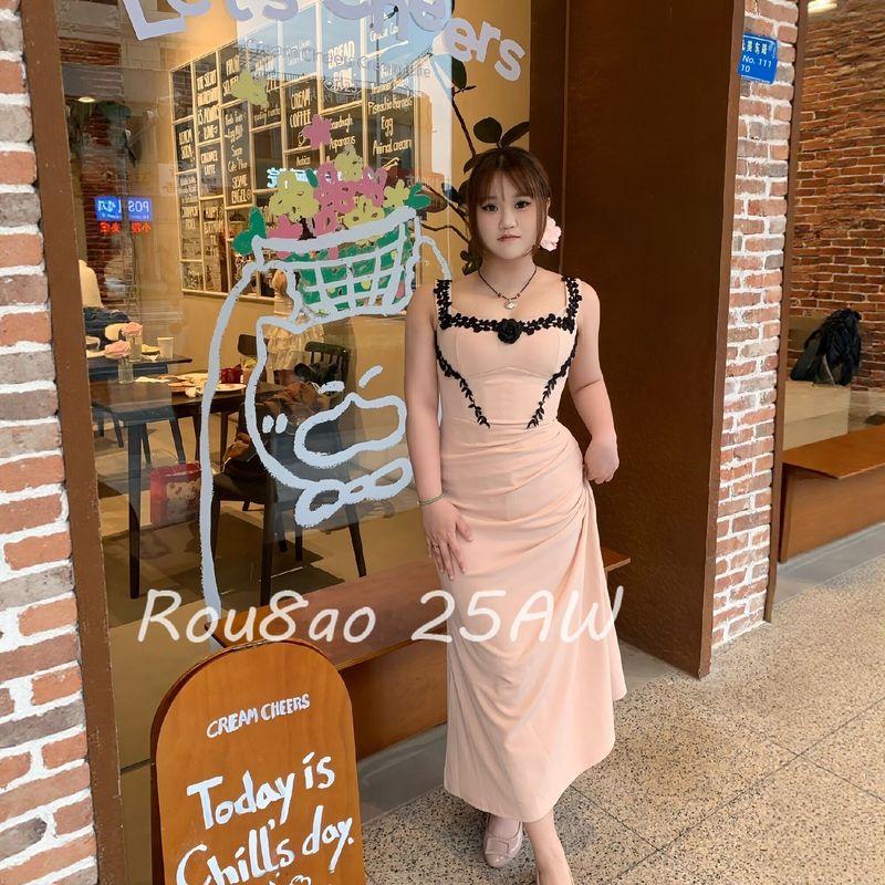 

Rou8Ao Plus-Size Women s French-Style Spaghetti Strap Dress, Summer 2026, Elegant Waist-Cinching, Figure-Flattering Long Dress Image color 4XL