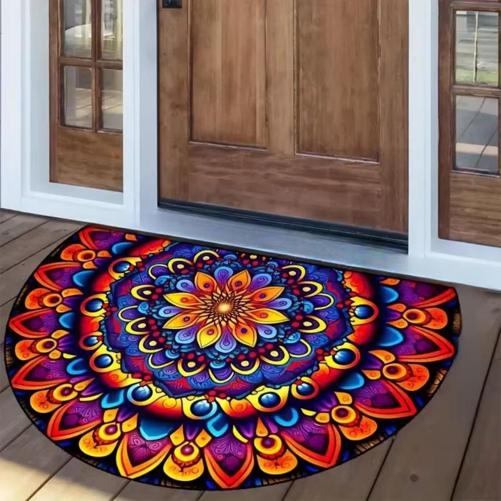 Flower and Bee Theme Half Round Rug Indoor Outdoor Doormat Living Room Bedroom Bathroom Patio Home Decoration