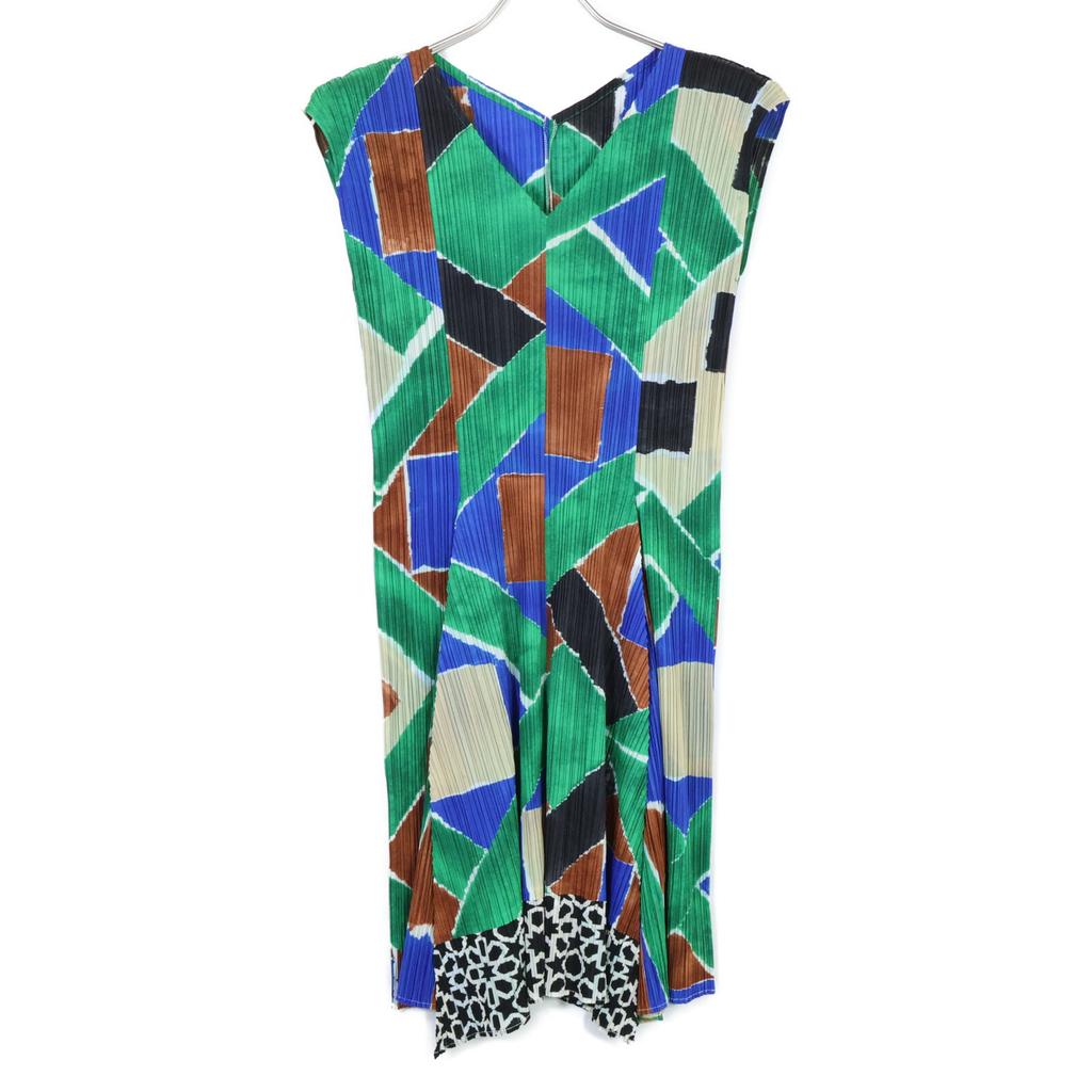 PLEATS PLEASE PP51-JH642 15Stainless Steel Green x Blue Geometric Print One-Piece dress 3 greenUsed