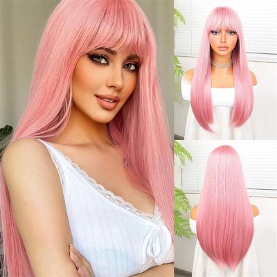 Synthetische Rosa Lange Gerade Perücke für Frauen Mittelscheitel Perücke Cosplay Party Halloween Lolita Hitzebeständig