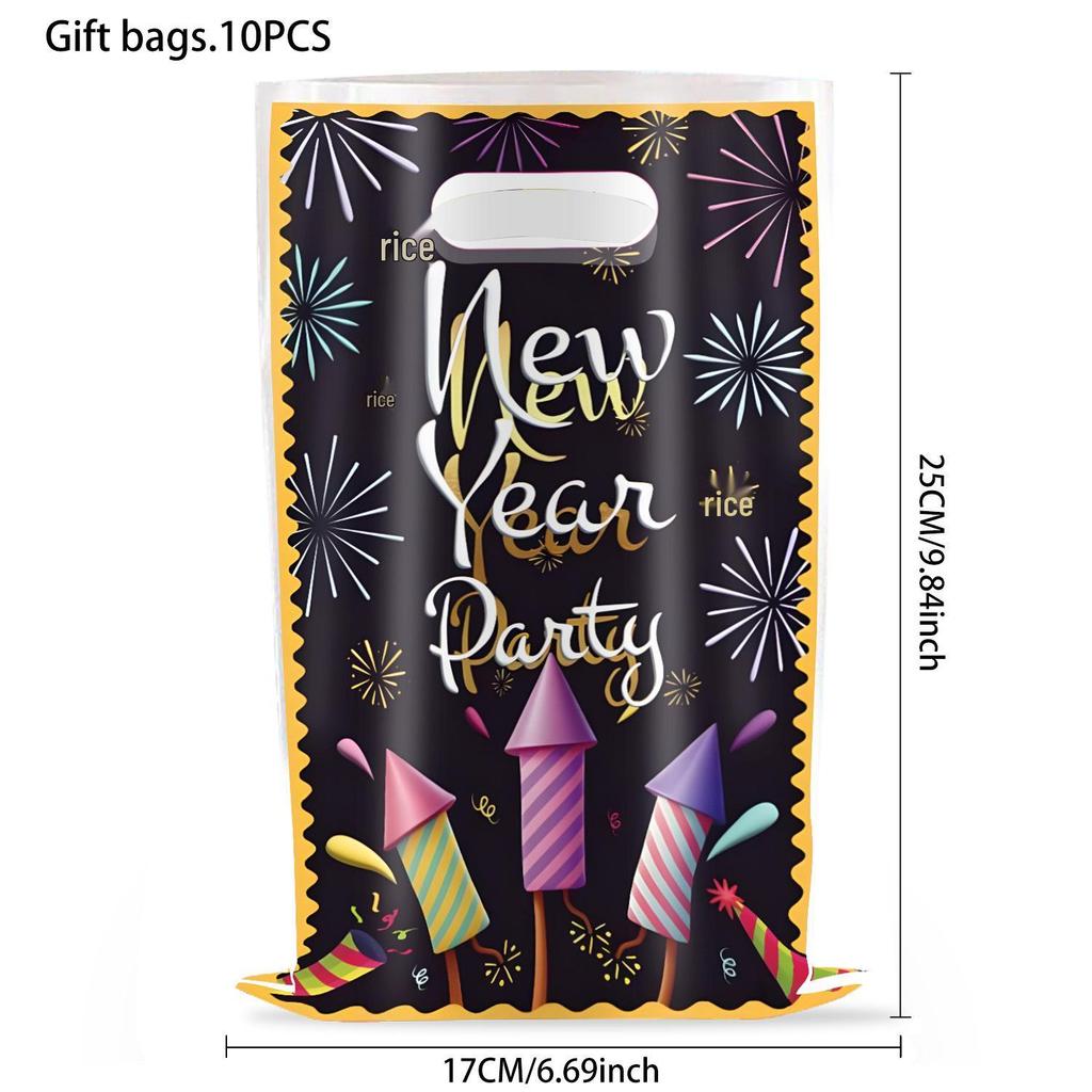 New Year 2026 Black and Gold Party Set: Paper Plates, Napkins, Pull Flag, Tablecloth