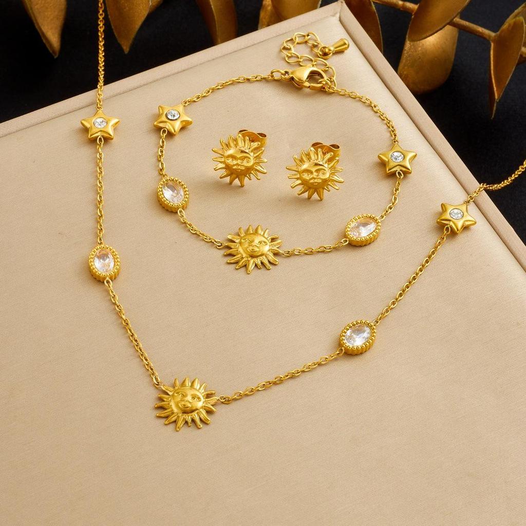 Gold-Plated Rhinestone Star & Oval Stainless Steel Face Jewelry Set