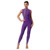 Ladies Glittery Rhinestones Gymnastics Bodysuit Sleeveless Back Hollow Out Design Bodycon Unitard Rompers Workout Jumpsuit