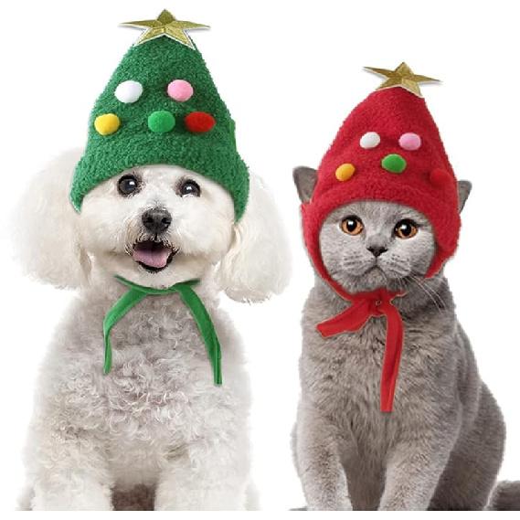 2PCS Pet Hats Christmas Headgear for Dogs Christmas Tree Shaped Hats for Cats Funny Headwear Supplies(Red Green) S