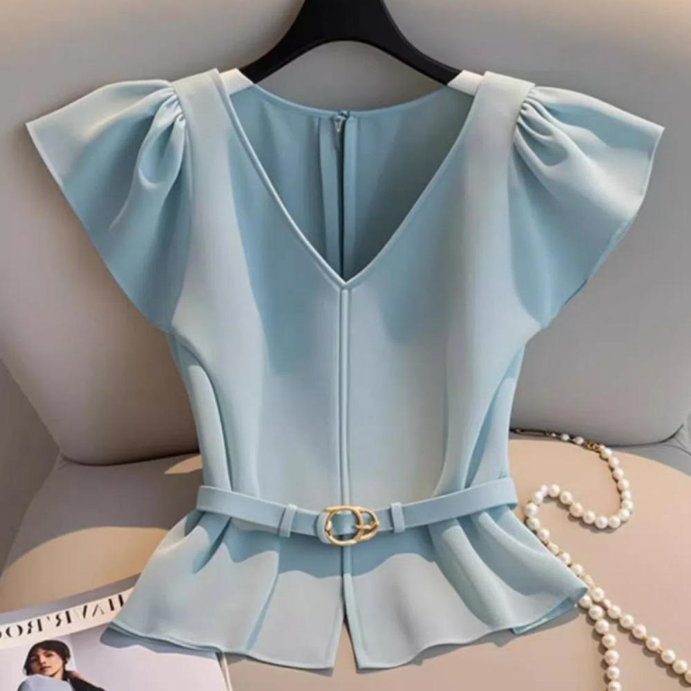 French High-end Small Fragrance Style Chic and Fashionable Blue V-neck Shirt Light Mature Style Famous Lady Waist Shirt Women