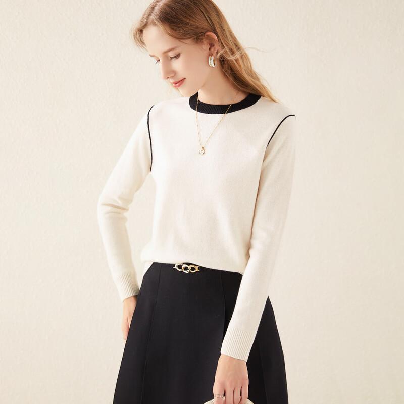 TUHUANG Women's Pure Wool Color Block Crew Neck Pullover Sweater