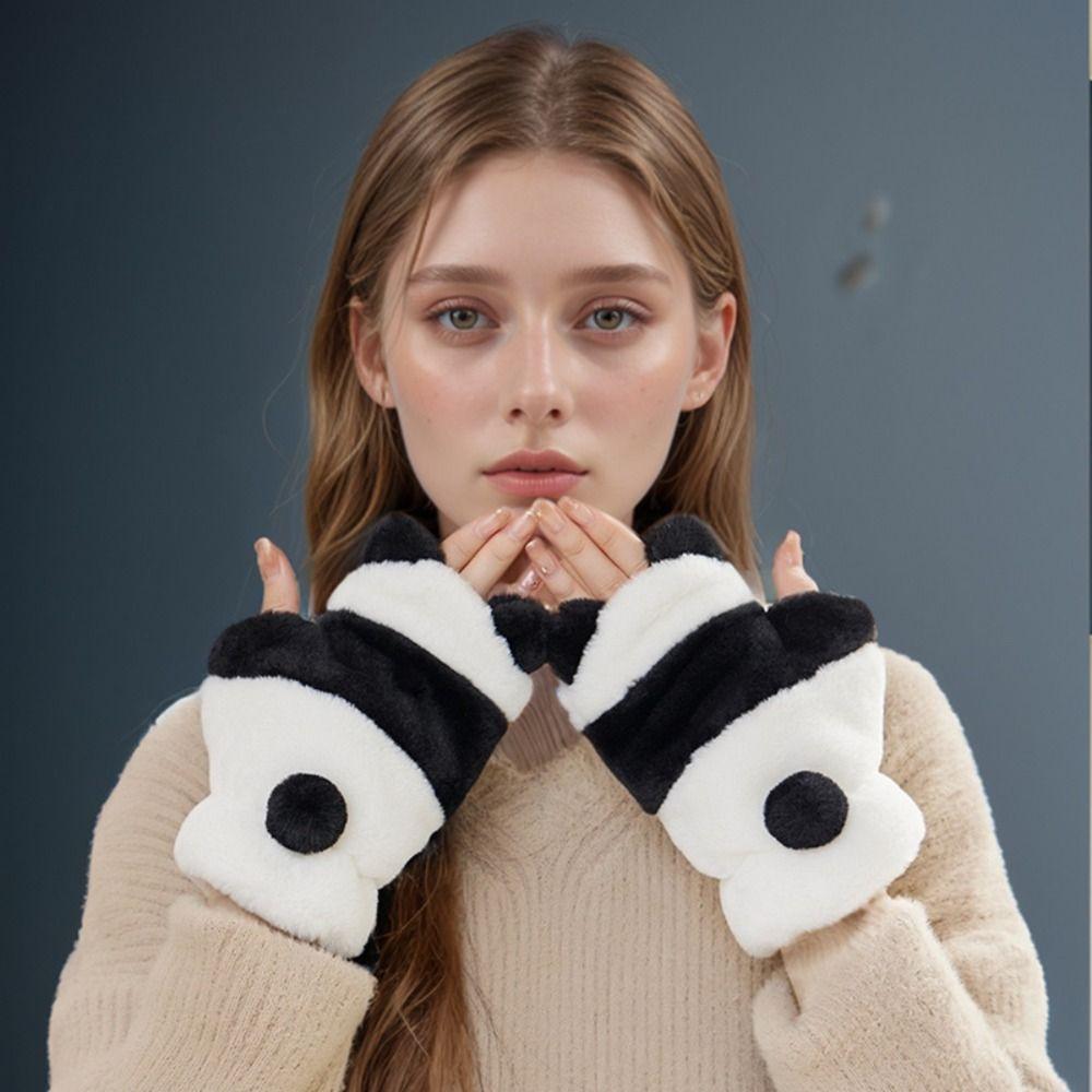 Fleece-lined Half Finger Gloves  Winter Velvet Mittens Cute Panda Plush Gloves  Riding