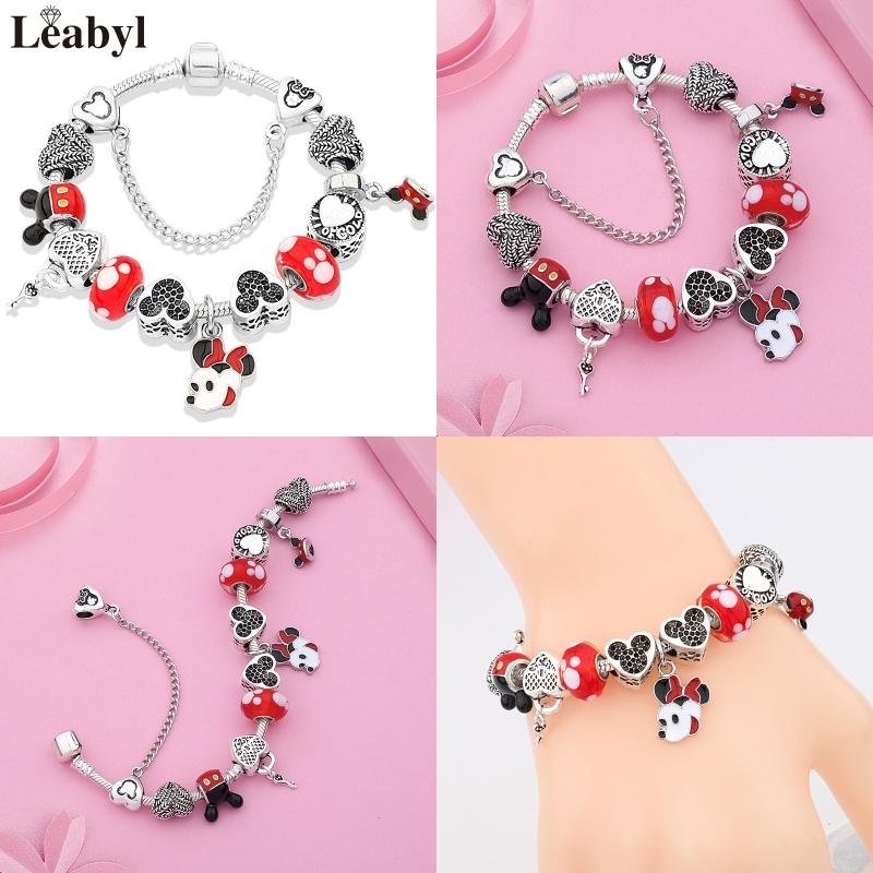 Potdemiel Pink Enamel Crystal Minnie Charm Bracelets Silver Color Heart Cartoon Bead Jewelry for Women Girl Gift