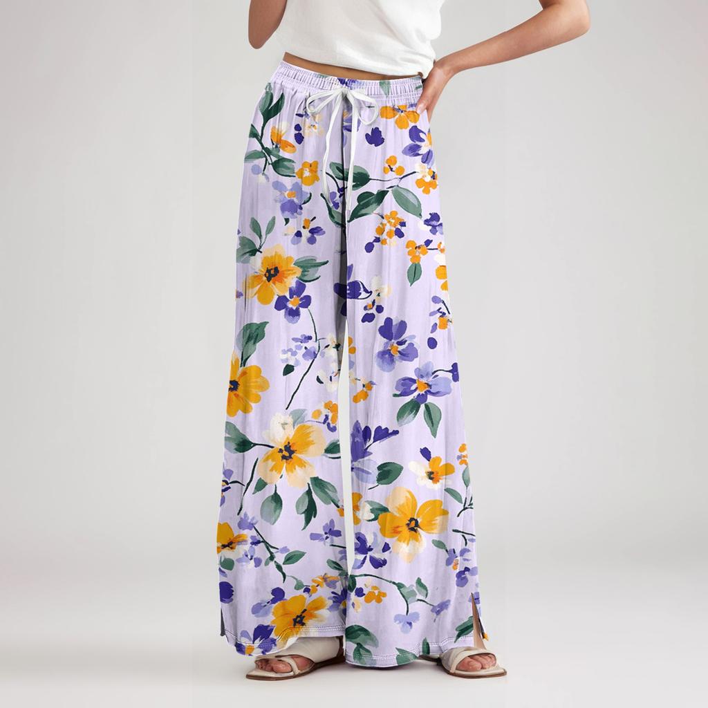 Women's Loose Casual Floral Print Wide Leg Pants With Elastic Waist Drawstring And Pocket Pants