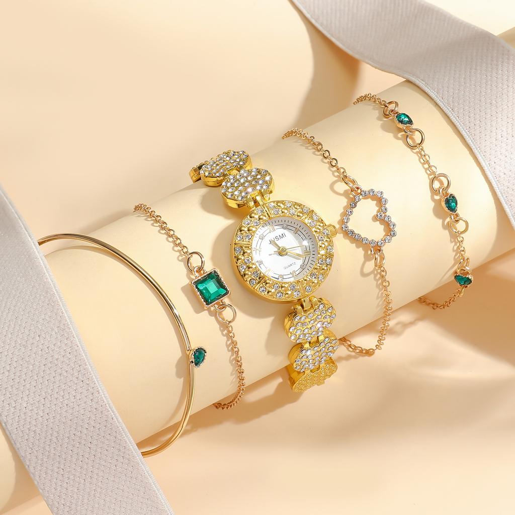 Ladies' New Noble Style Round Diamond Dial Steel Strap Quartz Watch Heart-shaped Bracelet Emerald Bracelet Personalized Bangle H