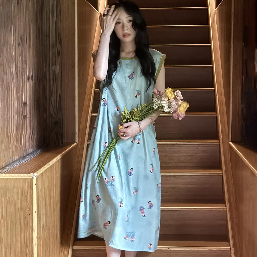 French retro printed nightdress women's summer cotton and silk loose loungewear high-end dress vacation dress can be worn outside