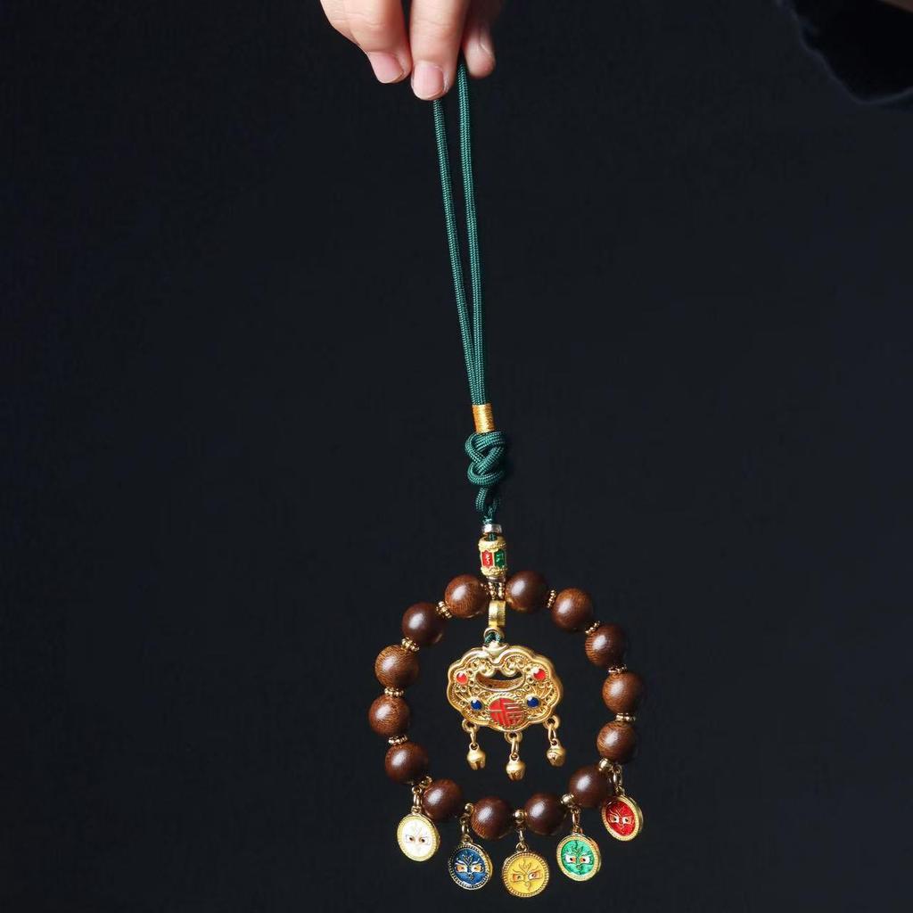 Fuson Red Soil Agarwood Car Pendant with God of Wealth & Peace Lock - Sinking Grade Beads Jewelry